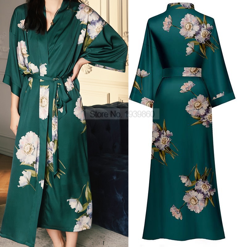 Print Nightwear Women Satin Kimono Robe Gown Nightdress Loose Intimate Lingerie Sexy Sleepwear Flower Nightgown Lounge Wear
