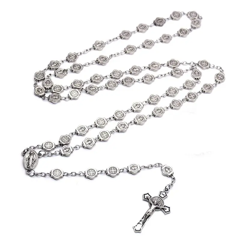 QIGO Vintage Saint Benedict Rosary Necklace Jesus Cross Pendant Necklace Prayer Church Jewelry