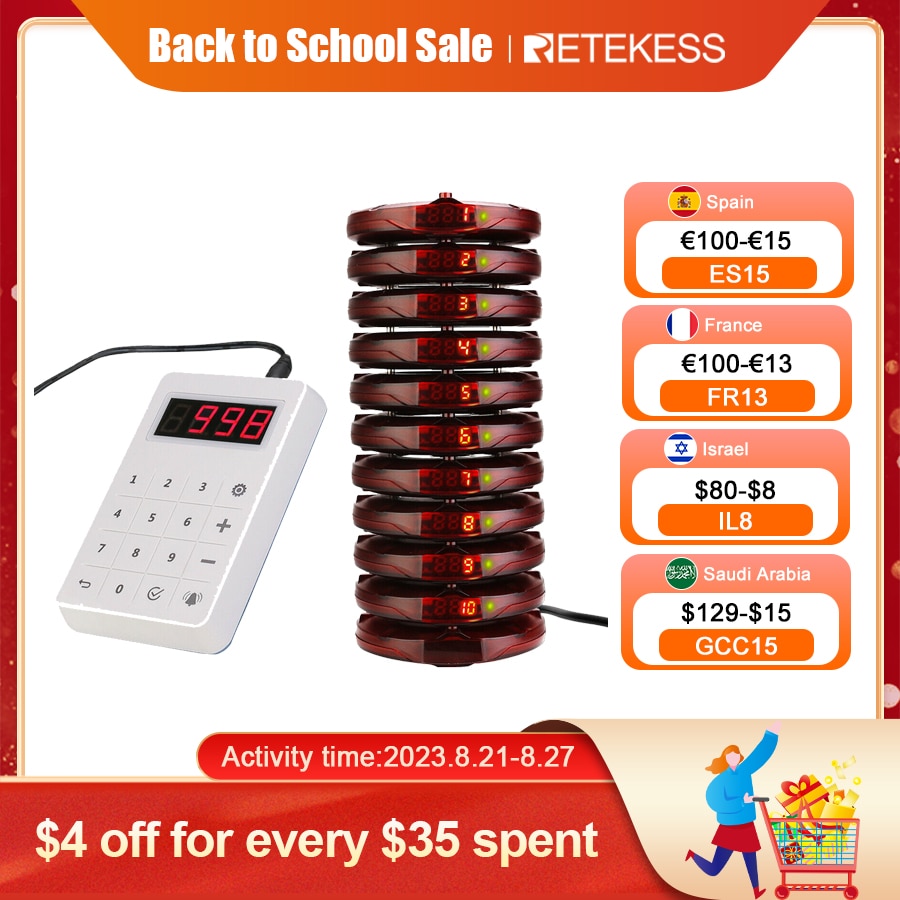 Retekess TD158 Pagers For Restaurant 10 Vibrator Coaster Buzzer Receiver Calling System Waterproof Keyboard Food Truck Bar Cafe