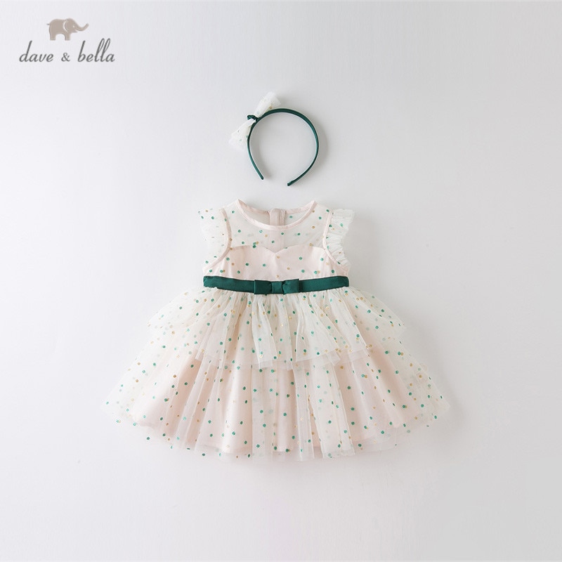 DBM14179 dave bella summer baby girl's fashion bow dots print dress with a headwear party dress kids infant lolita 2pcs clo