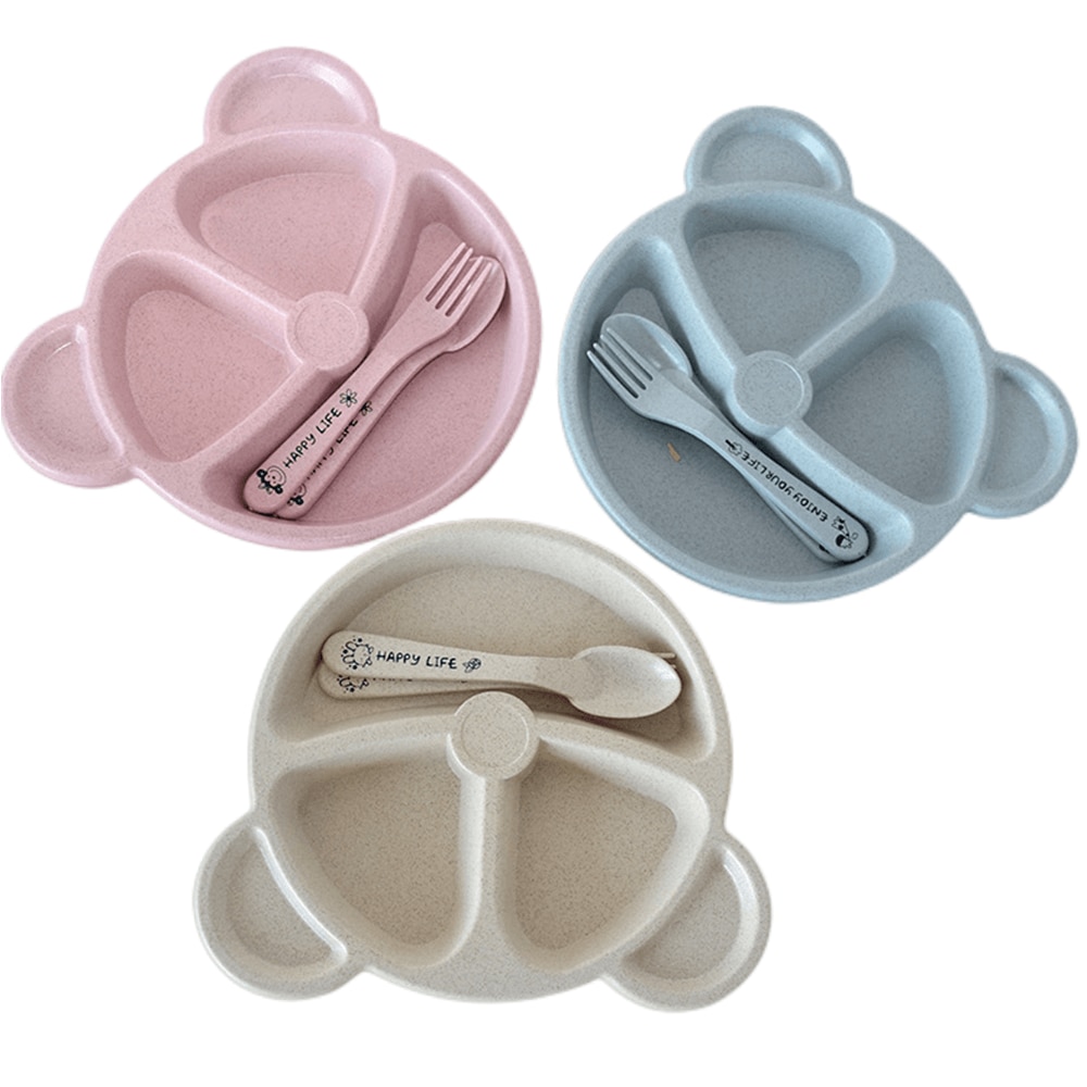 Baby Bowl+spoon+fork Feeding Food Tableware Set Cartoon Bear Kids Dishes Eating Dinnerware Anti-hot Wheat Straw Training Plate