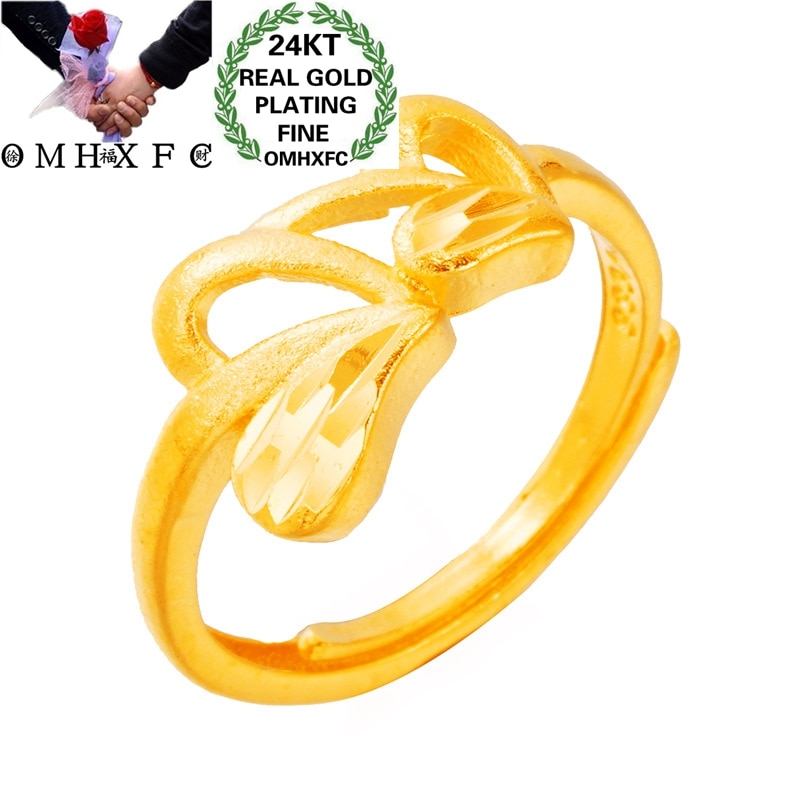 OMHXFC Wholesale RI261 European Fashion Fine Hot Woman Girl Party Birthday Wedding Gift Double Heart 24KT Gold Resizable Ring