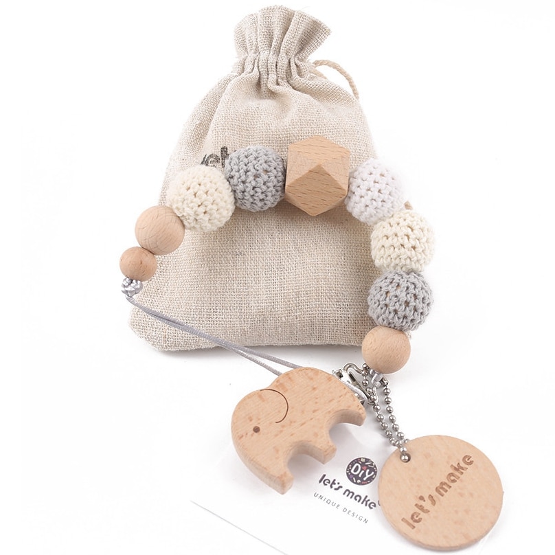 1PC Baby Pacifier Chain Elephant Wooden Clip Geometric Crochet Beads Bag Wood Teether Tiny Rod Dummy Clips Baby Pacifier Holder