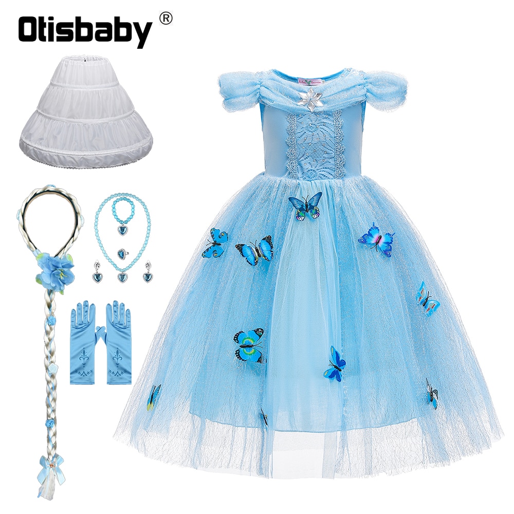 Fancy White Princess Cinderella Dress for Girls Party Tulle Dress with 3D Butterfly Children Halloween Christmas Cosplay Costume