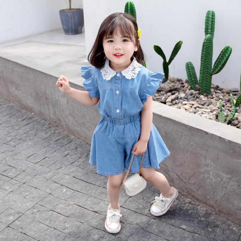 DFXD New Summer Toddler Girls Clothing Set Sleeveless Lace Collar Jeans Shirts Loose Shorts Pants 2pc Cotton Kids Clothes Set