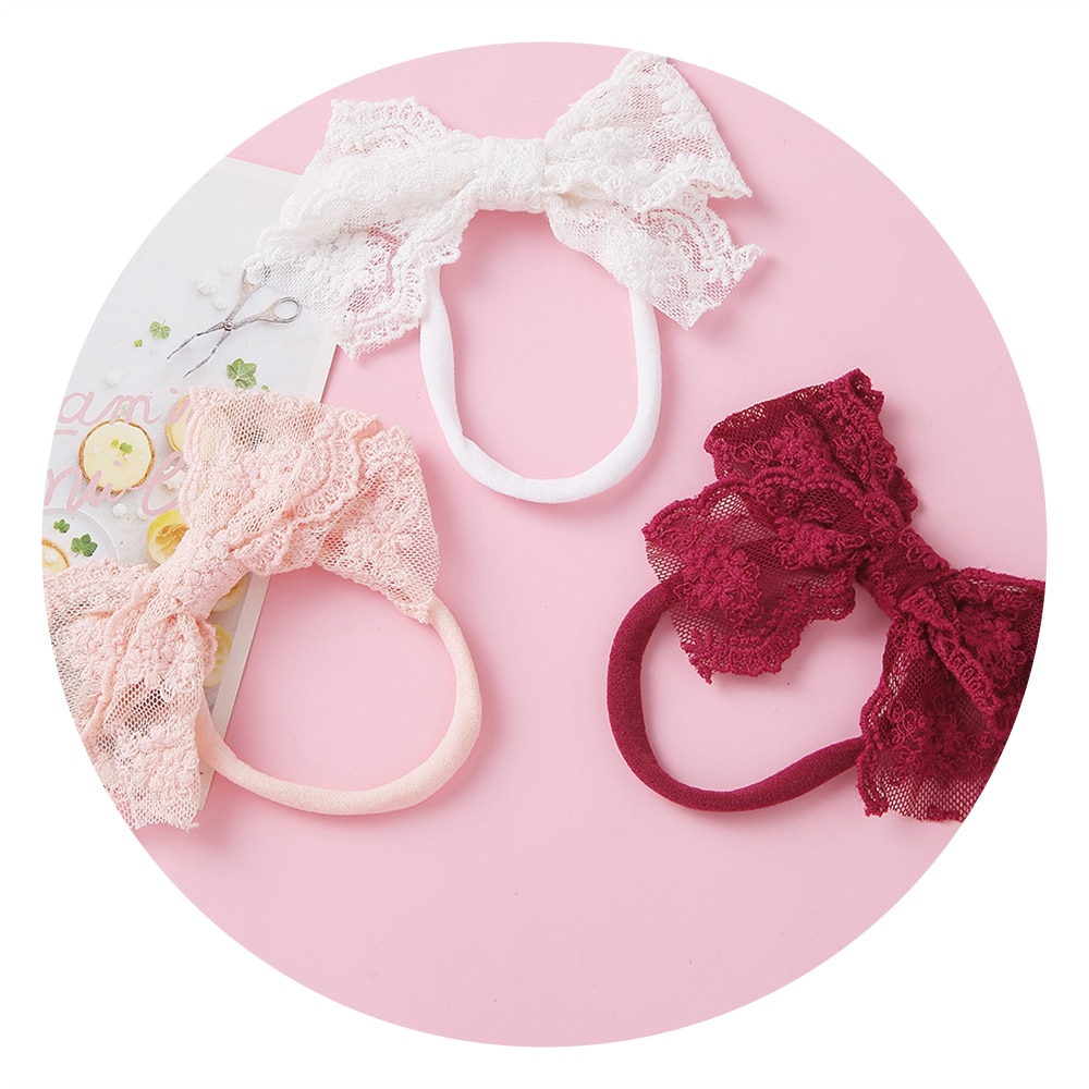 Solid Lace Hair Bow Nylon Headband For Girls Hair Clips Baby Accessories Kid Lace Bows Hollow Headwear Baby Hair Accessories