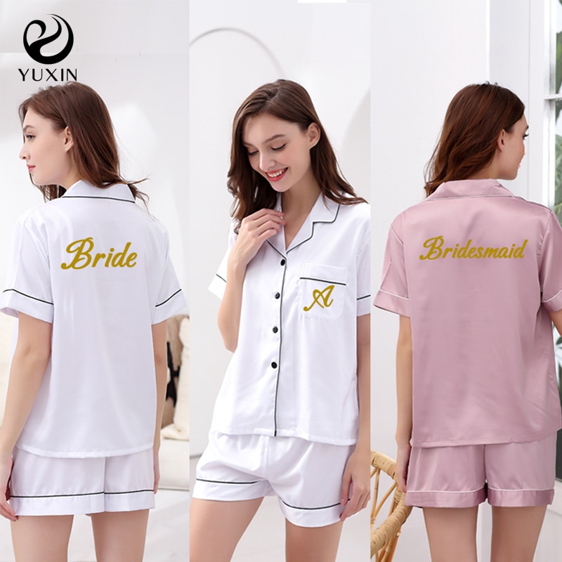 YUXINBRIDAL Summer Womens Ladies Satin Wedding Bridesmaid Bride Pyjama Set Silky Lounge Wear Pajamas Short Sleeve Pjs Solid