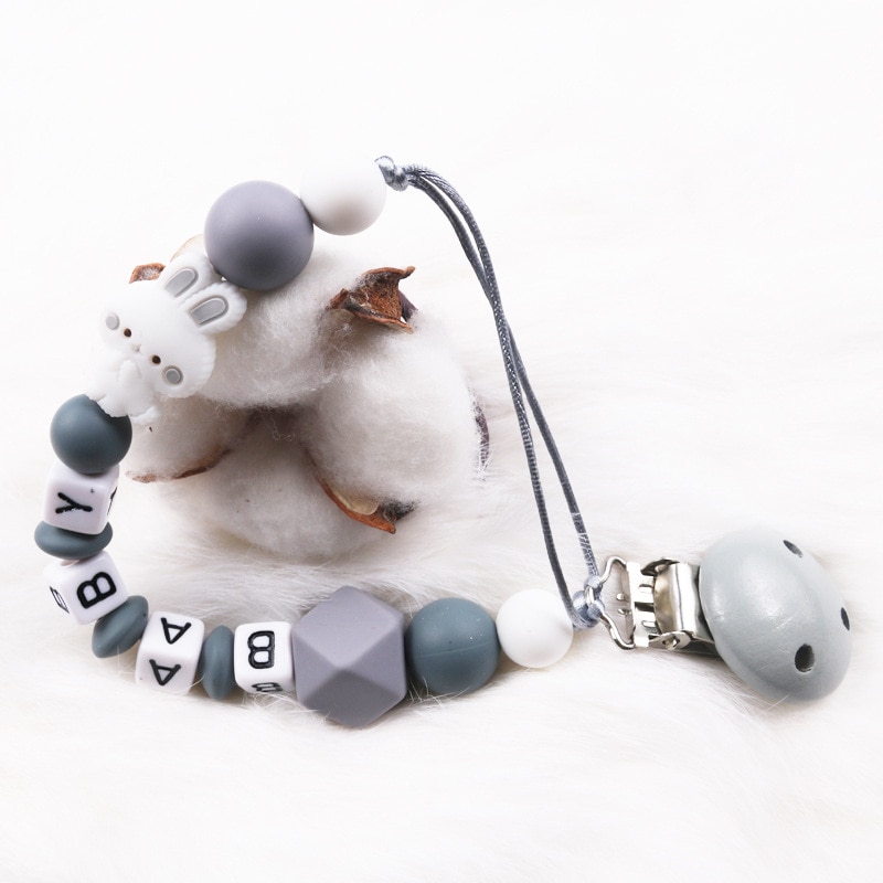 Rabbit Silicone Beads Soother Chain Personalised Name Baby Pacifier Clips Newborn Baby Wooden Pacifier Holder Anti-drop Chains