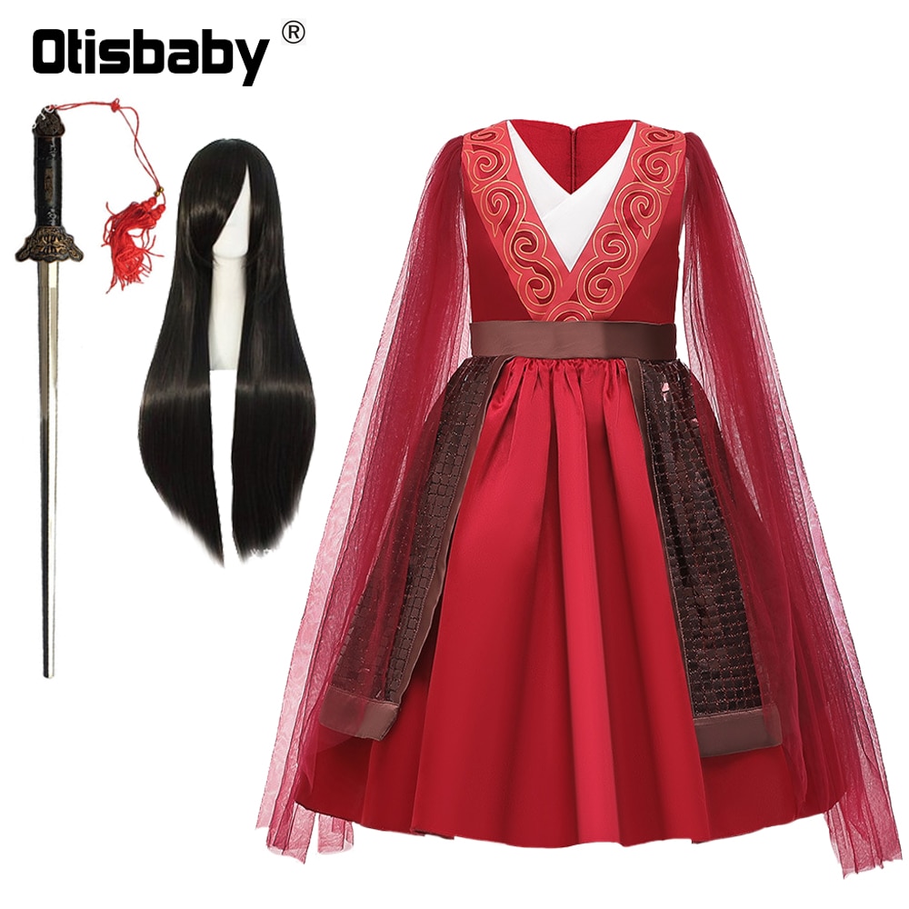 Christmas Halloween Mulan Costume Summer Toddler Mulan Dress Birthday Party Tulle Sleeve Red Dresses for Girls Gongfu Sword