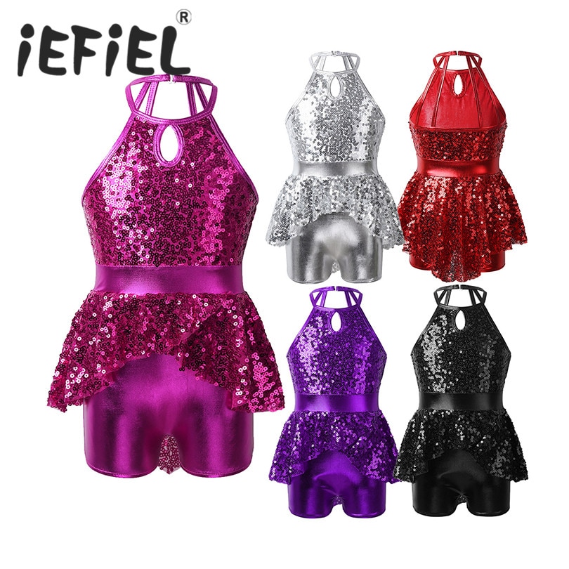Girls Halter Sequin Ballet Dance Leotard Tutu Dress Kids Teens Lyrical Contemporary Dance Costume Gymnastics Leotard Dancewear