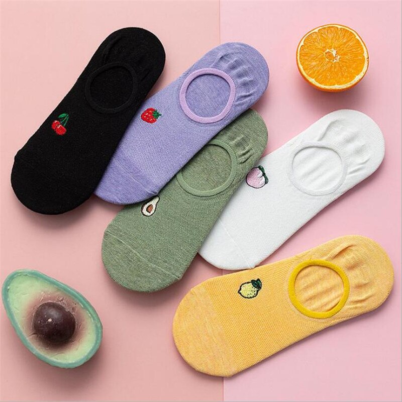 2020 New Cute Spring Summer Women's Socks Kawaii Personality Wild Fruit Embroidery Female Invisible Heel Silicone No-slip S