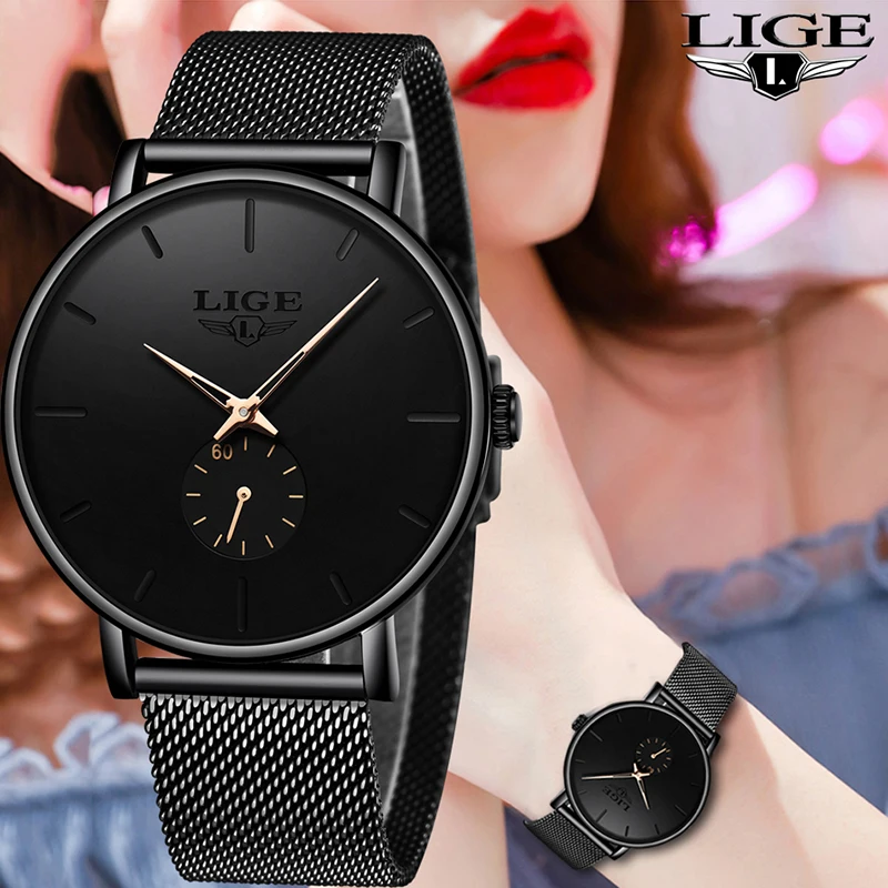 LIGE Womens Watches Top Brand Luxury Casual Fashion Watch Women Quartz Waterproof Clock Mesh belt