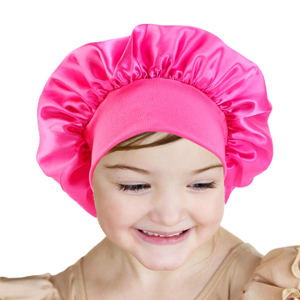 Kids Satin Bonnet Hats Soft Silk Wide Band Sleeping Cap Adjustable Hair Care Cap for Boys and Girls