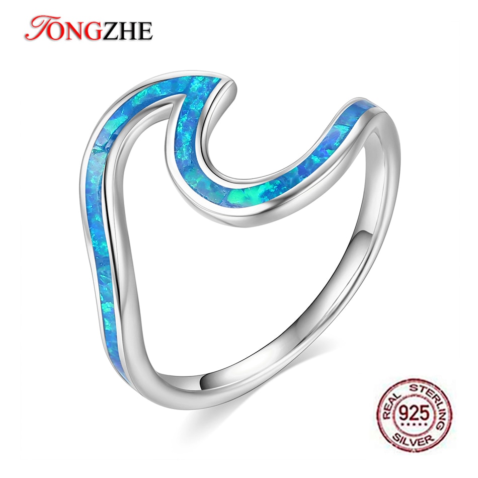 TONGZHE 925 Sterling Silver Rings Blue Opal Wave for Women Vintage Engagement Finger Ring Female Ring Fine Jewelry