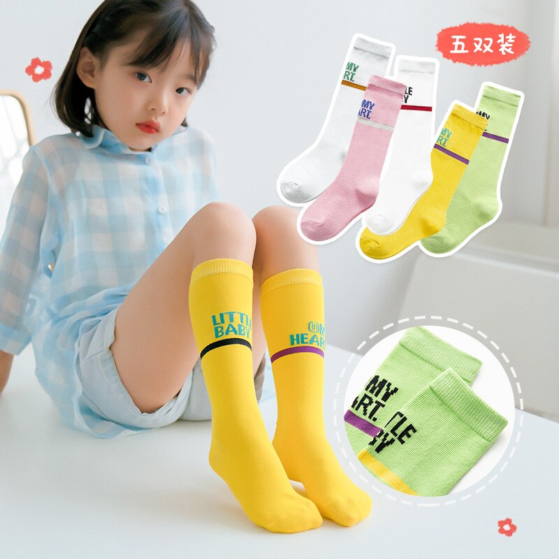 5 Pairs/lot Girls Candy Colors Socks Kids Knee High Cotton Socks Letter Pattern Girls Dance Socks Spring and Summer Socks