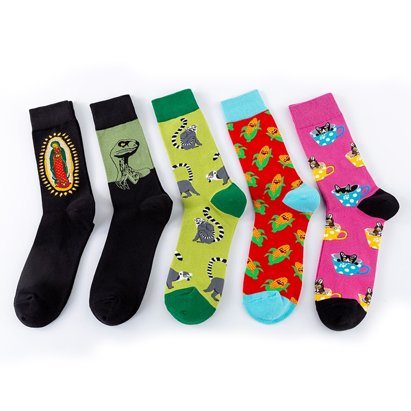 MODA MULAYA 2021 Happy Socks Men Women New Color Combination Dinosaur Jesus Thumb Dog Corn Lemur Sportsman Cool Funny Socks Out