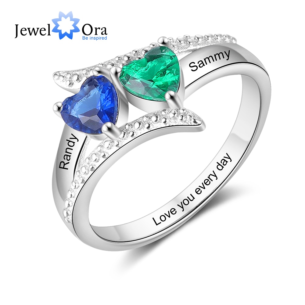 JewelOra Personalized Name Engrave Custom Ring with Heart Birthstone Silver Color Wedding Engagement Mother Rings Gift for Women