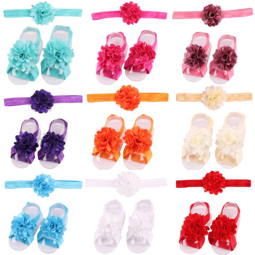 Cute Chic Satin Mesh Flower Baby Barefoot Sandals with Floral Headbands Kids Girls Photo Props Children Birthday Gift Sets