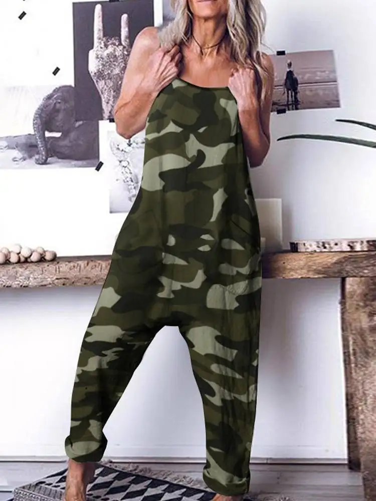 Women Camouflage Printed Jumpsuits Celmia 2023 Summer Spaghetti Strap Casual Loose Drop-Crotch Long