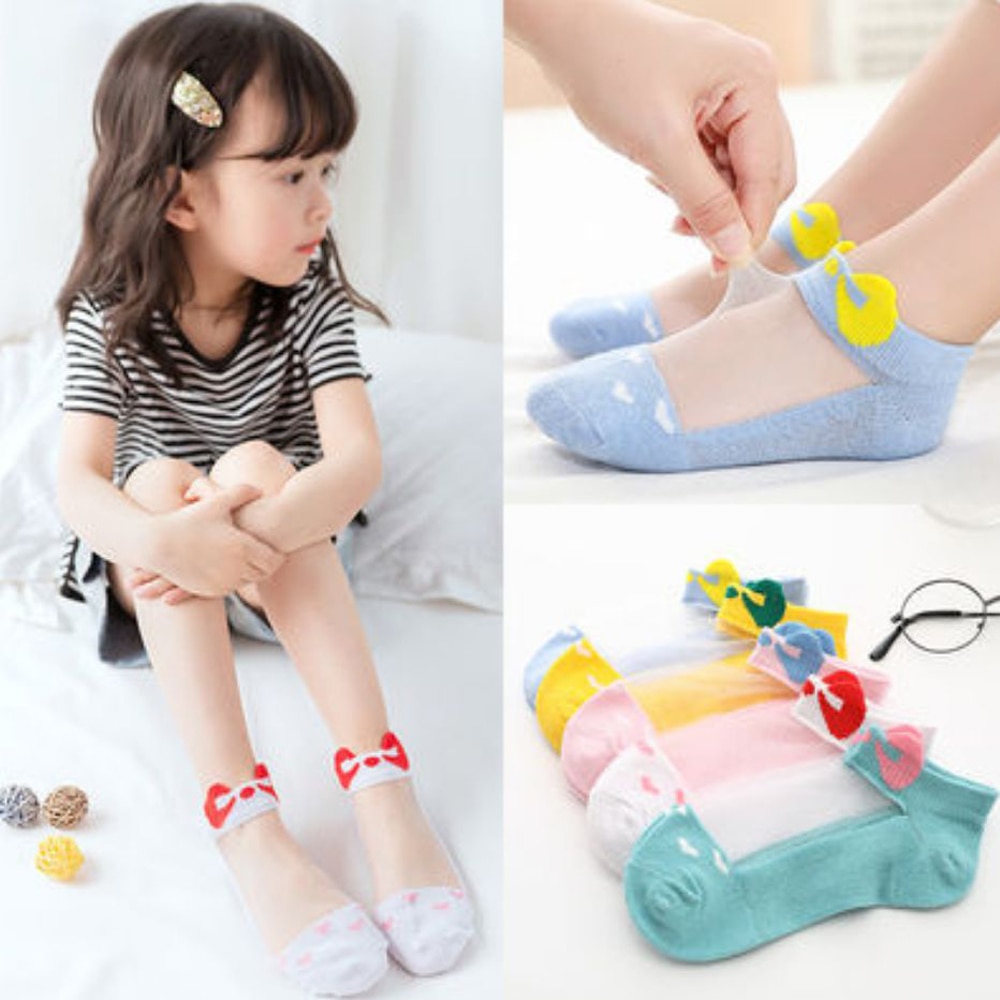 5Pairs/lot 2020 New Baby Lace Socks Cute Bowtie Glass Silk Kids Socks Candy Colors Transparent Mesh Baby Hosiery Baby Girls Sock
