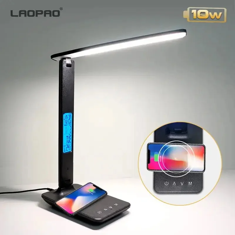 LAOPAO 10W QI Wireless Charging LED Desk Lamp With Calendar Temperature Alarm Clock Eye Protect