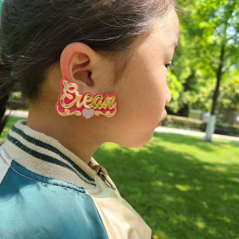 BeHoney Custom Name Stud Earrings Personalized Nameplate Handmade acrylic laser stud earrings Girls Custom Jewelry