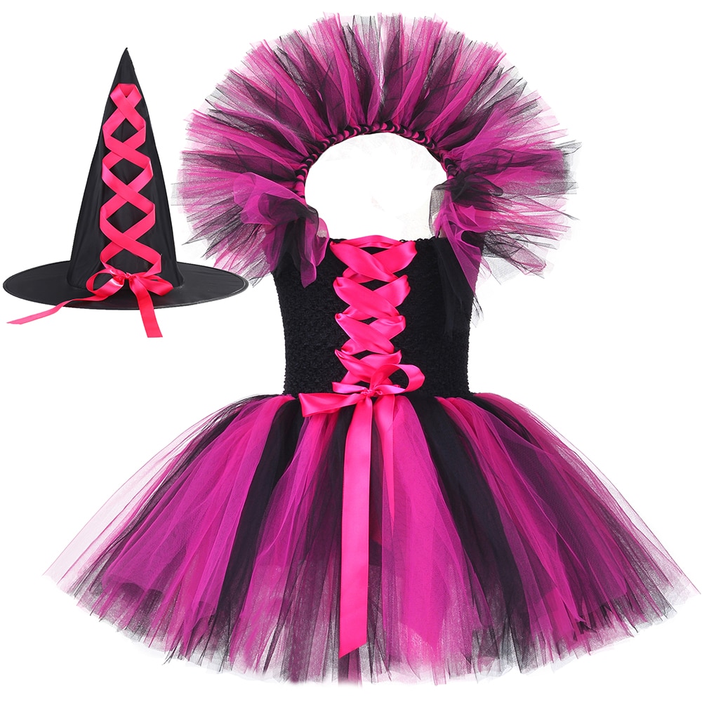 Girls Halloween Witch Costume with Collar for Kids Carnival Party Clothes Black & Hot Pink Children Girls Tulle Witch Tutu D