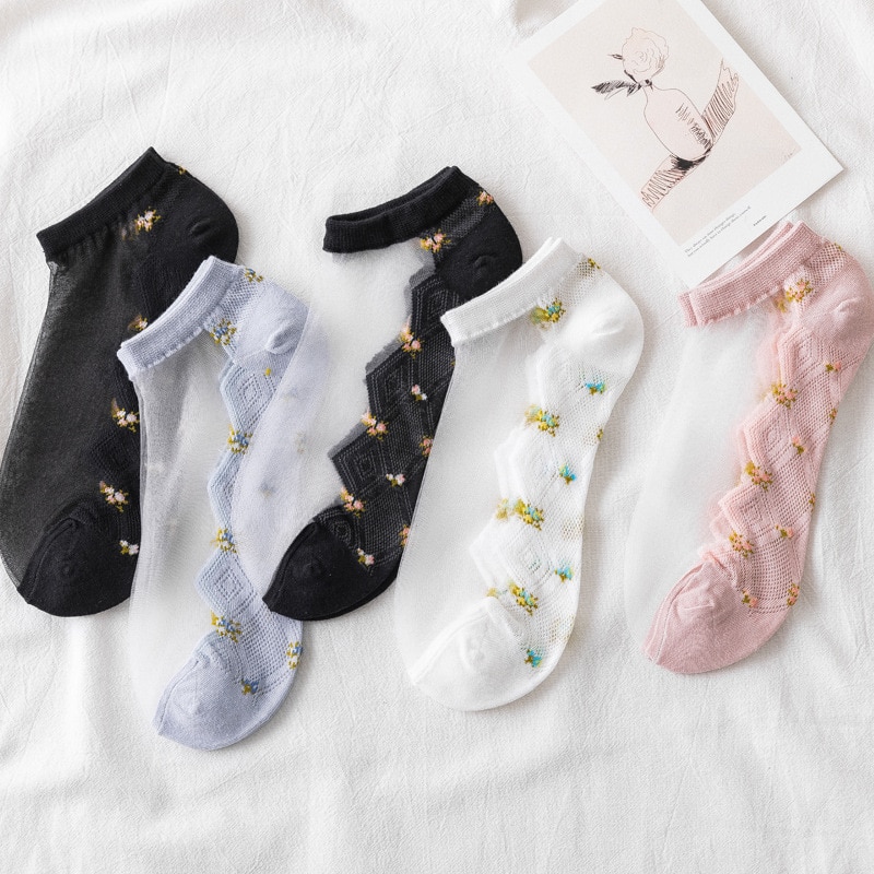 5 Pair Breathable Ultra Ankle Socks Summer Women Transparent Lace Silk Crystal Flower Girls Elastic Short Female Sox