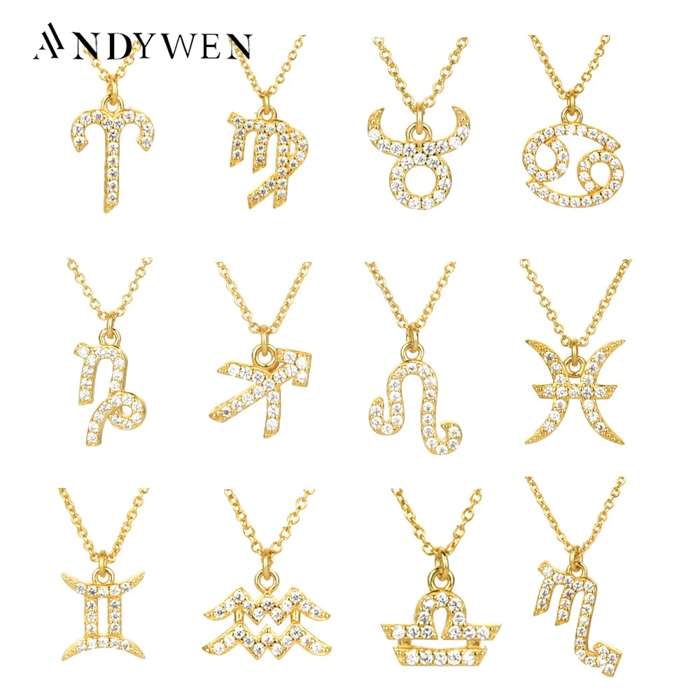 ANDYWEN 925 Sterling Silver Gold 12 Charm Zodiac Pendant Necklace Long Chain Slim Monogram Men