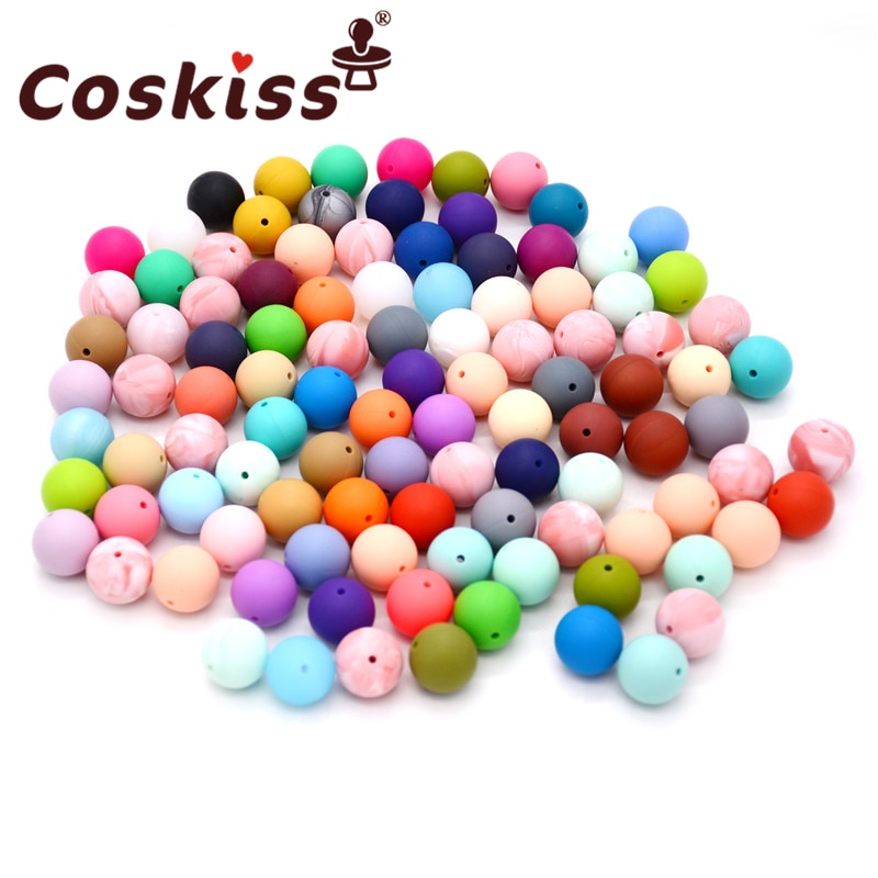 Coskiss 100pc Silicone Baby Teething Beads 15mm Safe Food Grade Care Chew Round BPA Free Silicone Beads Teether Nursing Necklace