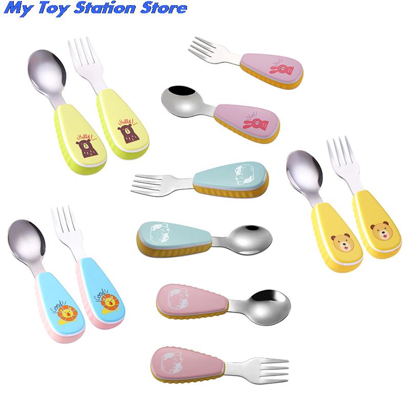 Baby Feeding Spoon Fork Set Stainless Steel Toddler Infant Tableware Flatware Kids Cutlery with Ant-Dust Box