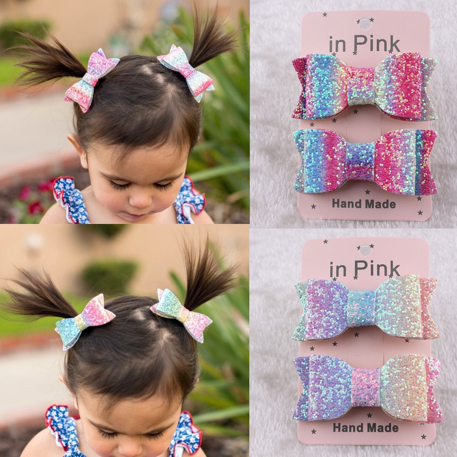 2pcs Rainbow Children Hairpin Grete Sequin Bow Hairpin Baby Headdress Baby hair accessories