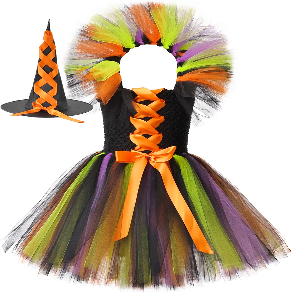 Girls Witch Tutu Dress for Kids Halloween Carnival Party Cosplay Costume Fancy Girls Tulle Ball Gown Dresses Children Clothing