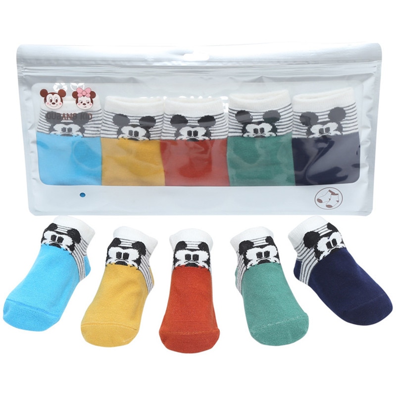 Disney 5pair cartoon Mickey Princess pattern solid color non-slip children's floor socks sports cute striped straight baby 