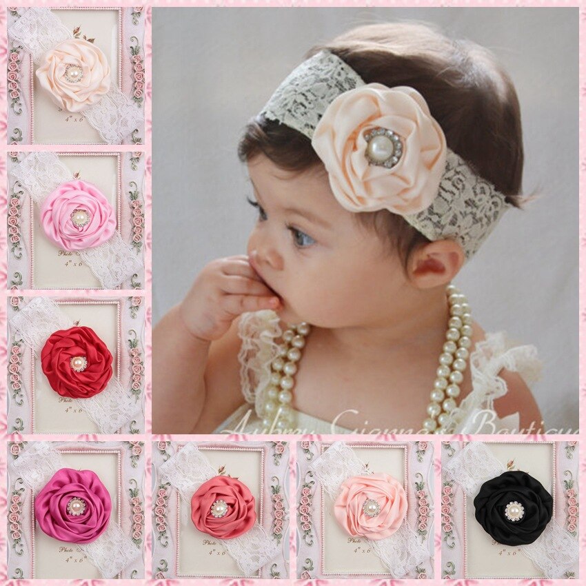 Fashion Rose Flower with Pearl Rhinestone Center Baby Girls Elastic Lace Headband Newborn Toddler Infant Headwear Cute Gifts