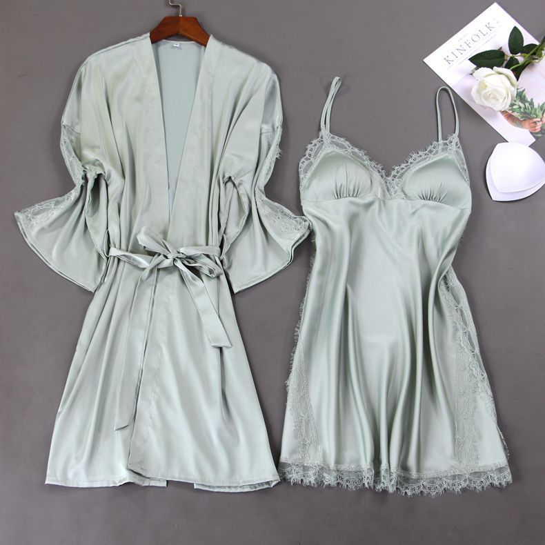 Summer Women Nighty&robe Set 2PCS Sleepwear Casual Loose Kimono Bath Gown Nightwear Nightdress Sexy Lace Mini Nightgown Home