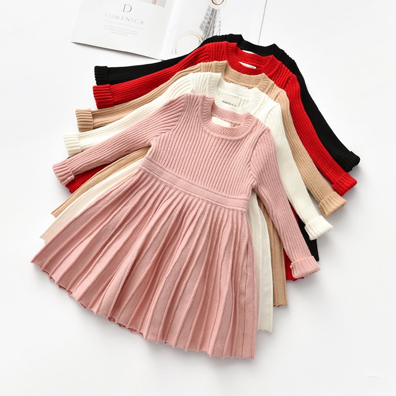 Autumn Winter Girls Wool Knitted Sweater British Style Girl Dress Girls Dresses for Party Wedding Baby Girl Clothes Christmas