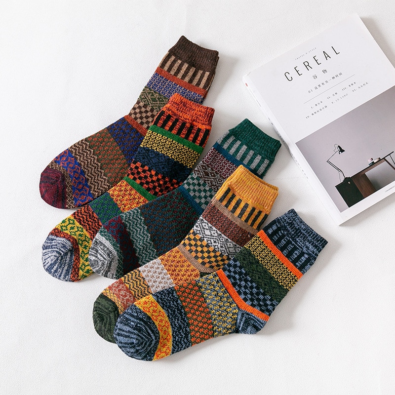 ZTOET Brand Business Men Wool Socks Thicken Men's Socks Warm Retro National Style Small Square For Snow boots 5 Pairs / Lot