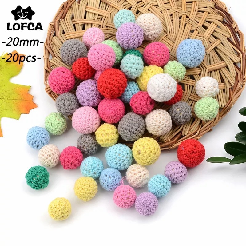 LOFCA 20pcs Wooden Crochet Beads 20mm Baby Teething Chewable Beads DIY Wooden Toy Baby Teether Pacifier Chain Clips