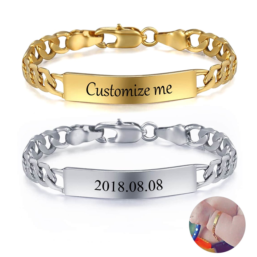 Personalize Custom Baby Bracelet Gold Silver Color Figaro Link Name Birth ID Bangle Girls Boys Child Unique Gift GBM100