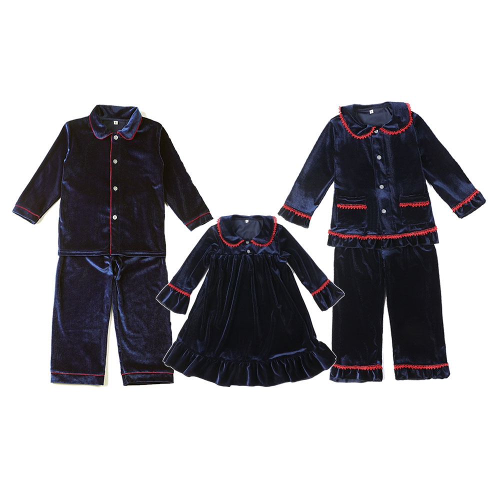 2022 Wholesale PJS Set Frill Navy Velvet Family Matching Baby Boys And Girls Christmas Pyjamas Kids Clothes Pajamas