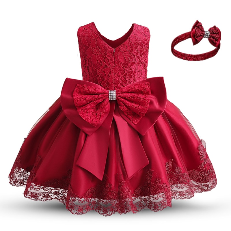 1st Birthday Dress For Baby Girls Long Sleeve Party Dress NewBorn Christmas Red Clothing 1 2 Years Old Toddler Christening Gowns