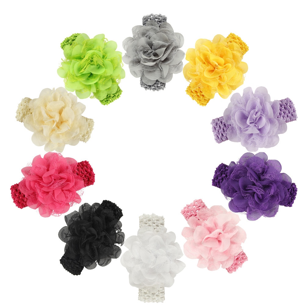 5PCS Baby Girls Lace Chiffon Rose Flower Headband with Elastic Crochet Wide Hair Bands Newborn Infant Gifts Hair Accessories