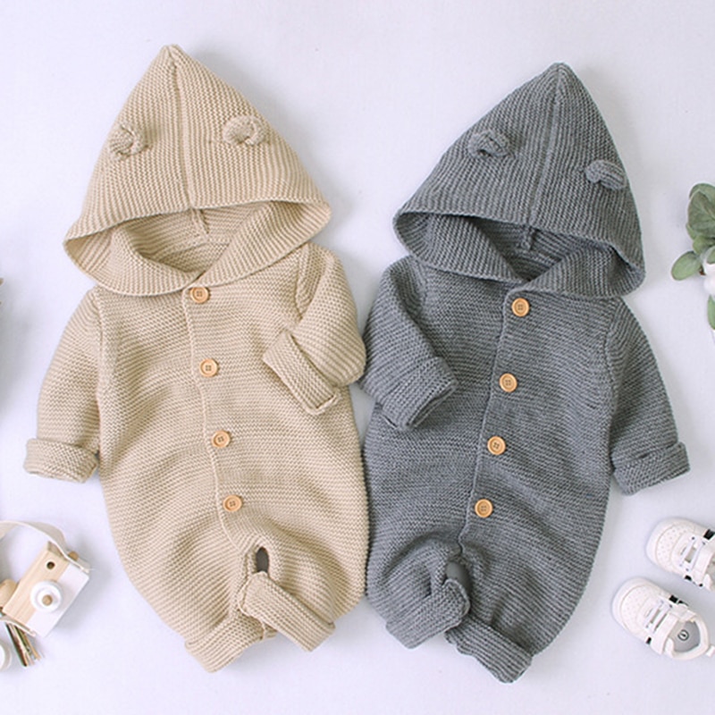 Children Baby Boy Girl Kids Knitting Long Sleeve Rompers Autumn Winter Baby Boys Girls Pure Color Hooded Rompers Clothes