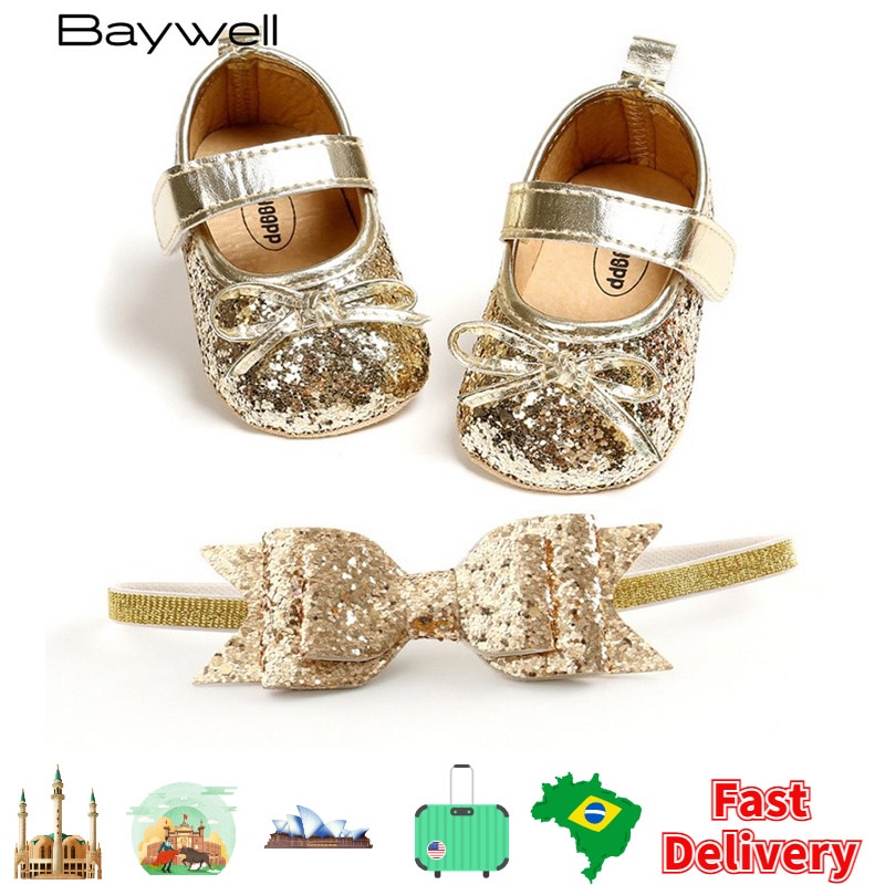 Sequins Baby Shoes Leather Toddler Baby Girl First Walkers Sets Headband Bow-knot Soft Sole Hook & Loop Bling Shoes for Girl