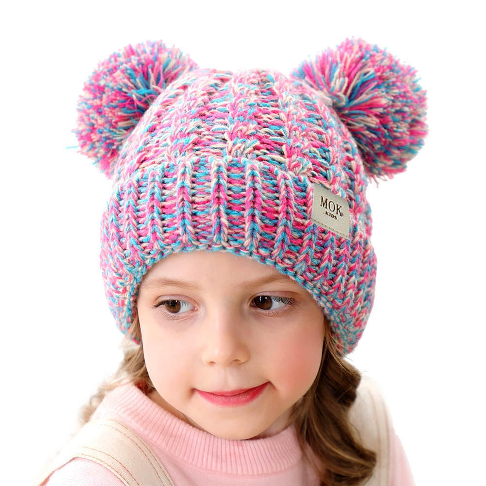 New autumn and winter new children's hat wool knit hat twist woven double ball hair ball hat boys and girls hat