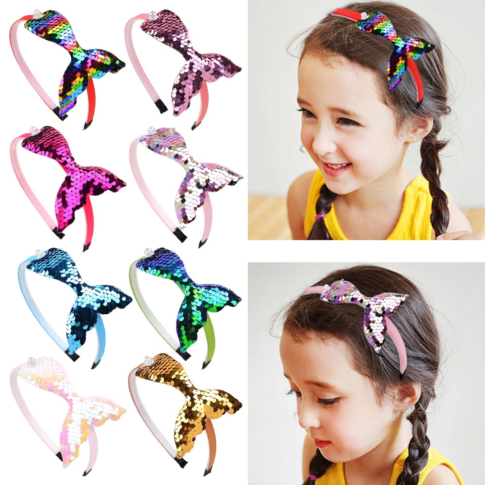 4.5'' 16Pcs/Lot Reversible Sequins Headbands For Girls Rainbow Mermaid Pearls Hair Bands Korea Fashion Headdress