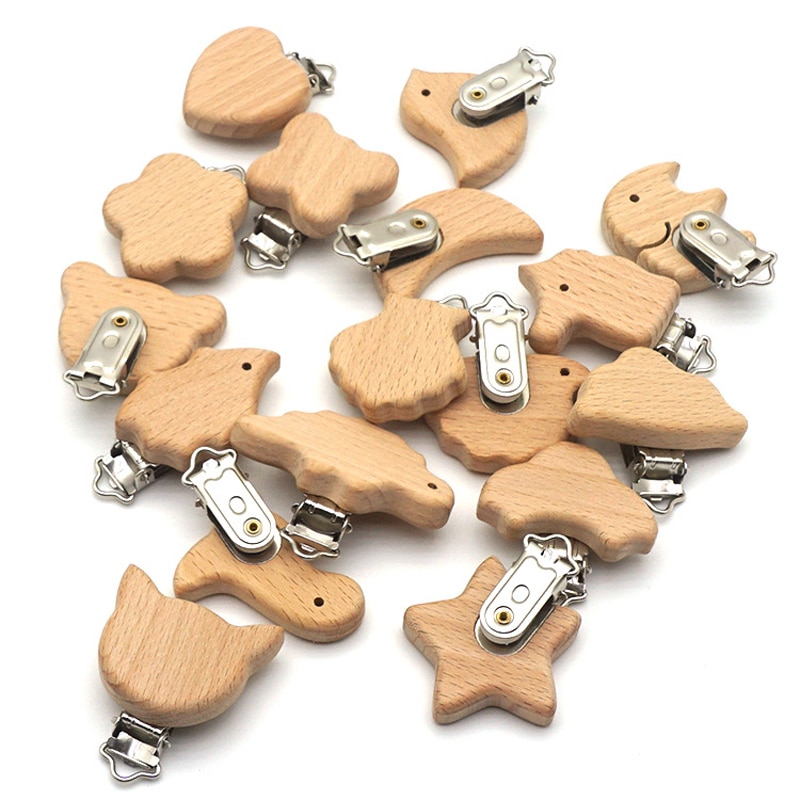 17 Style Beech Wood Pacifier Clip Small Elephant Star Heart-Shaped Bird Baby Teether DIY Preferred Nipple Chain Accessories