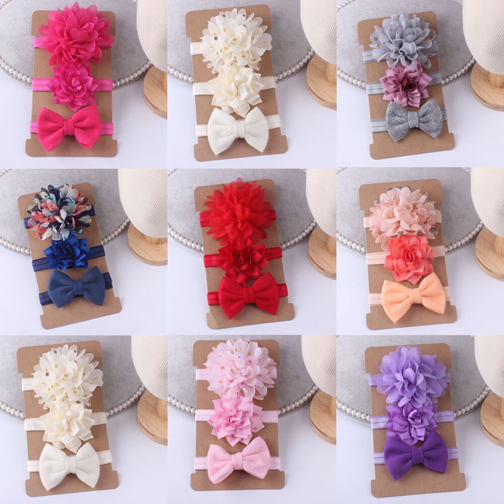 3Pcs Baby Infant Girls Floral Bow Knot Headband Newborn Toddler Girl Solid Nylon Headwear Baby Headwrap Accessories