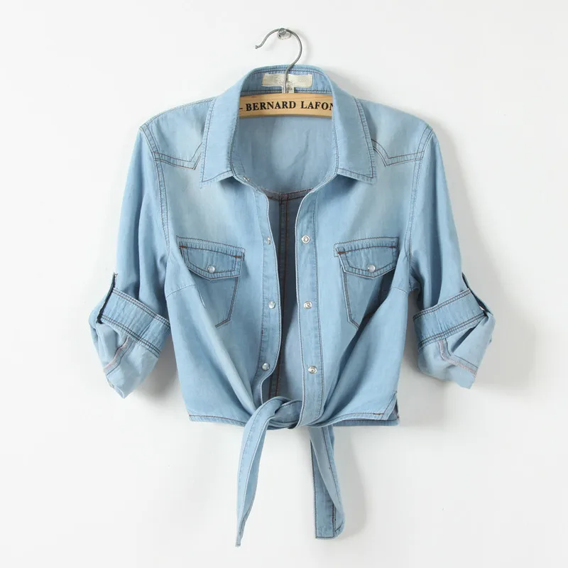Denim Shirt Short Sleeve Womens Tops Chemise Femme Crop Tops Women Sexy Short Shirt Blouse Summer